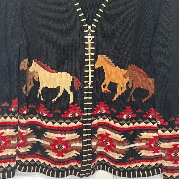 Rods Horse Print Zip Up Cardigan Sweater Womens Sz L Western Country Ranch - Picture 3 of 12